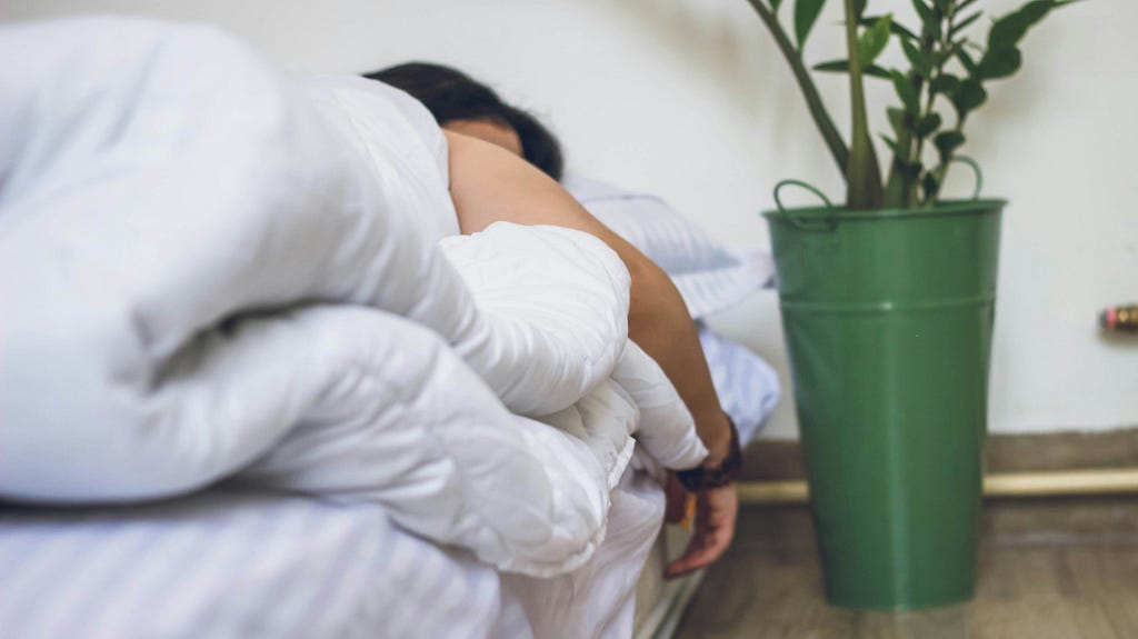 Person sleeping. Hair forehead, arm visible beyond a big white duvet. The mattress looks like it’s on the floor. Metal container to the right, containing a plant. Pic taken from low down, by the end of the bed.