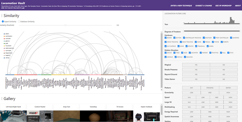 Screenshot of the locomotion vault website. Many different locomotion technique names are connected to one another via arcing lines. Tags on the right allow filtering, and a gallery of GIFs below showcases each technique.