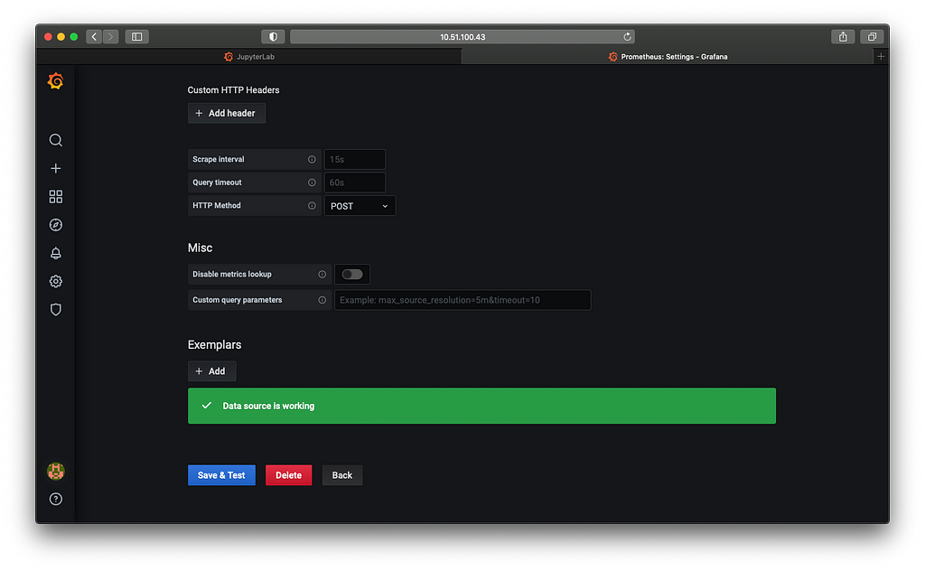 A screenshot of the Grafana add Prometheus source page where the “save and test” button has been clicked and a notification saying “Data source is working” is displayed.