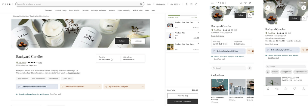Faire brand page redesign, showing details for both web and mobile.