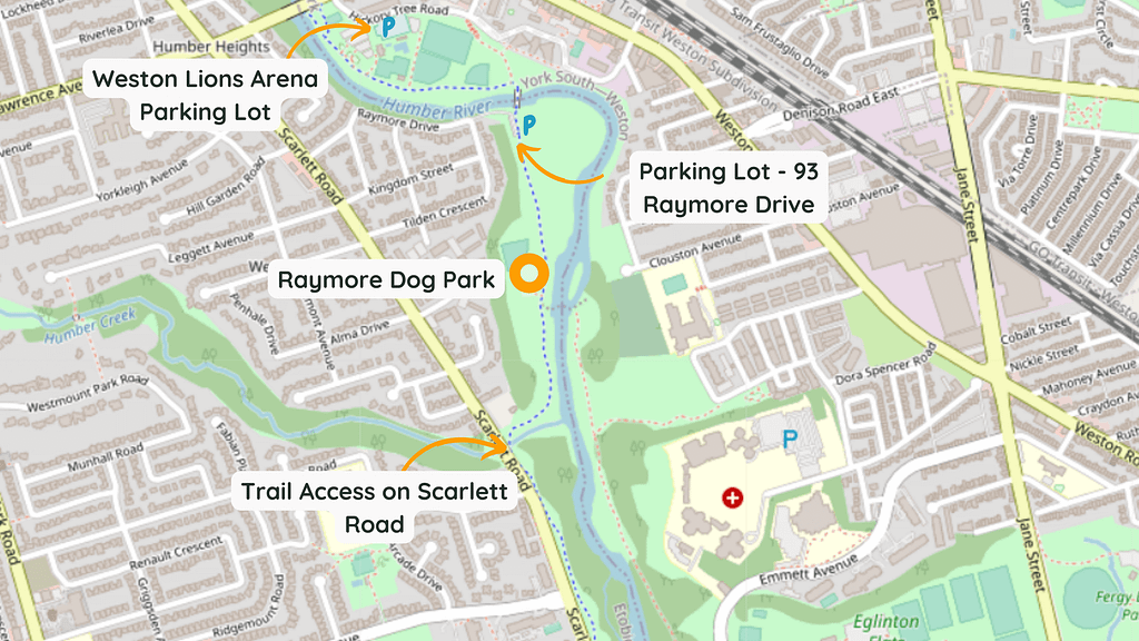 Raymore Park Map with Access Point Options including its address: 93 Raymore Drive, alternative parking at Weston Lions Arena, and bike/hiking trail access from Scarlett Road