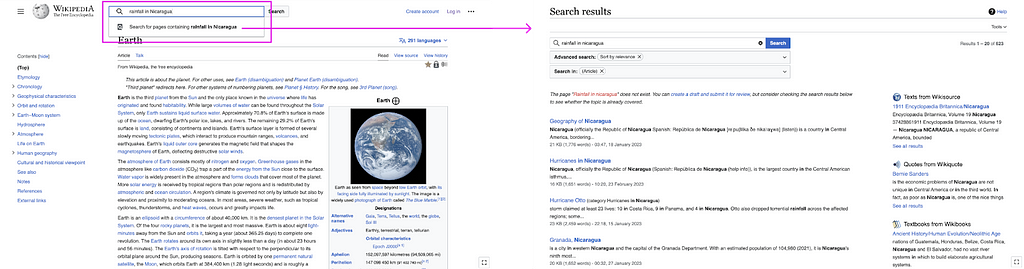 on the left, a wikipedia article with search highlighted and an arrow pointing to search page results displayed as a separate page on the right