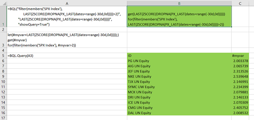 Excel screen with BQL.Query function