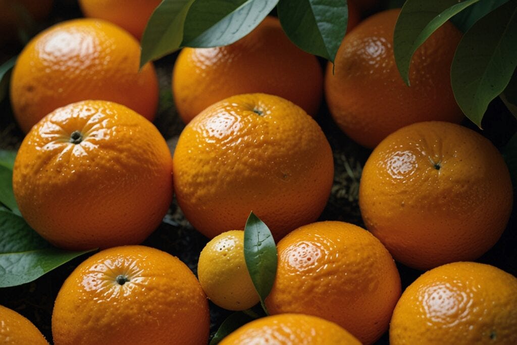 Close-up of fresh, dewy hydroponic oranges with vibrant green leaves, showcasing their bright, textured surfaces.