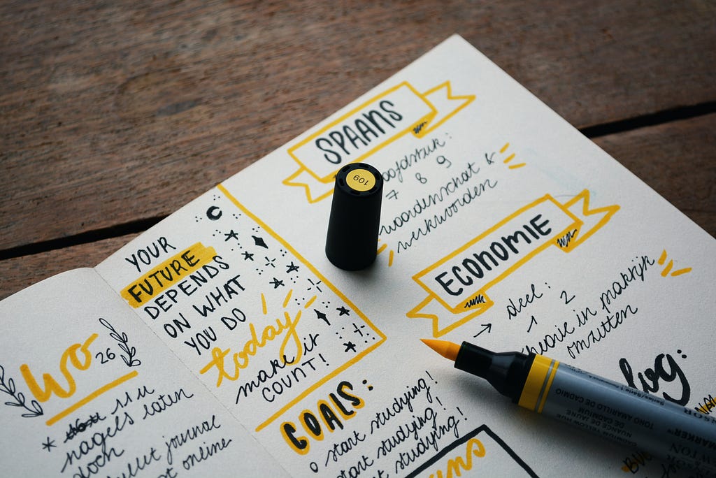 goals written down in yellow and black ink with motivating messages in a notepad that state “your future depends on what you do today, make it count” everything else is hard to read in the image