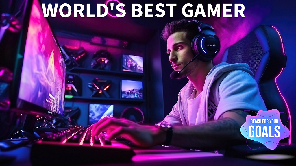 man playing video games on computer blue-pink neon light concept