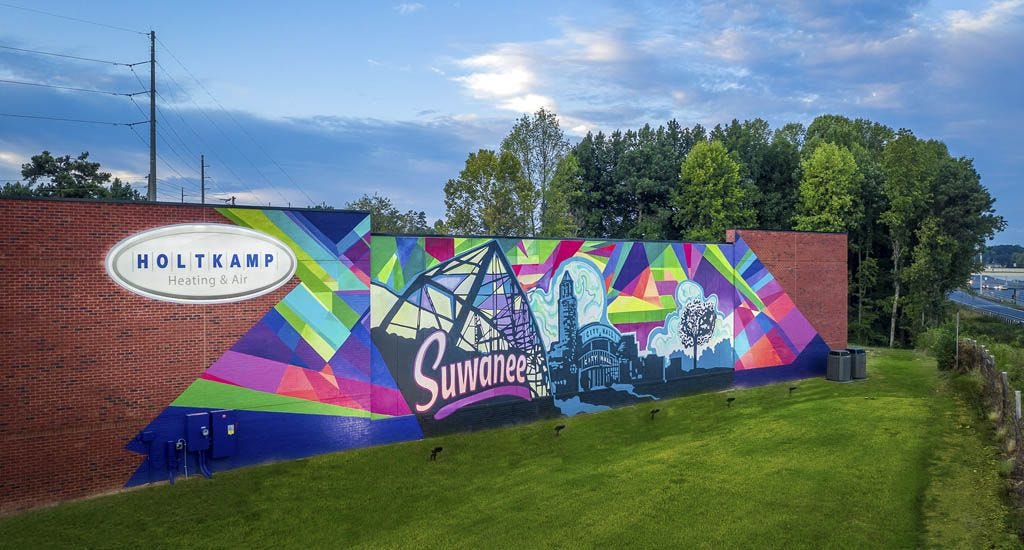 Suwanee Georgia mural by Jason Watts outside Holtkamp HVAC