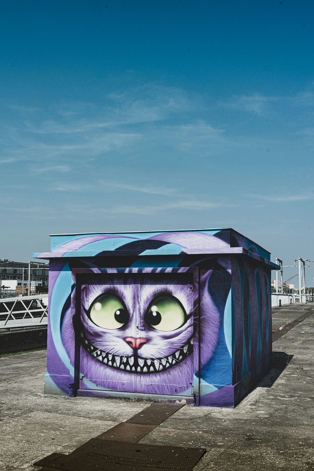 The image is of a small container building under a high blue sky at a siding, next to a white metal-railed bridge. The squat container is painted light blue. The face of the Cheshire cat with its wide smile, and eyes squinted at the bridge of its nose, is painted on the width of the side facing the viewer.