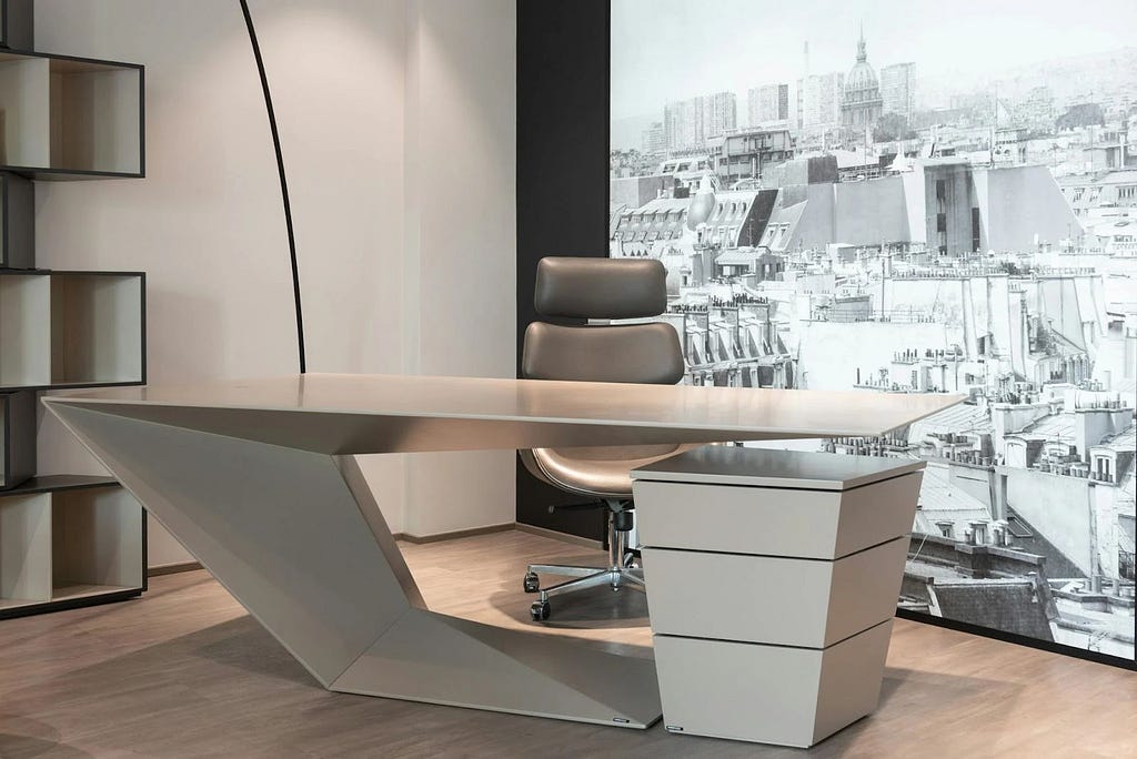 Modern office with customized desks, chairs, and storage units