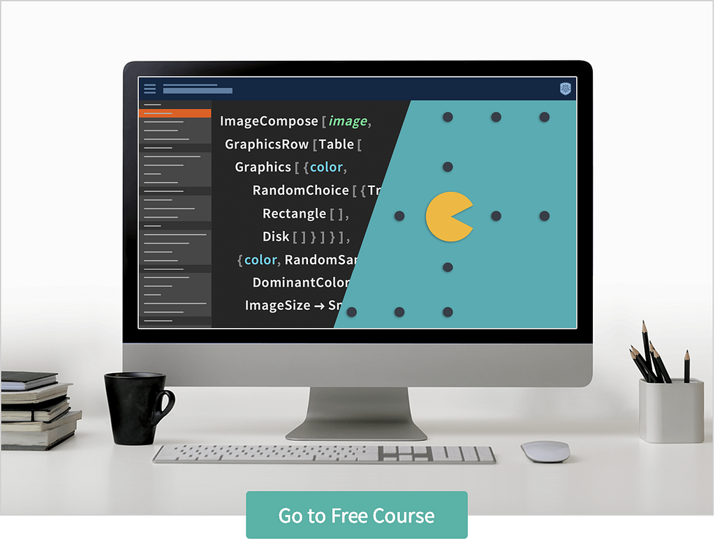 Monitor showing Wolfram Language code and a go to course button