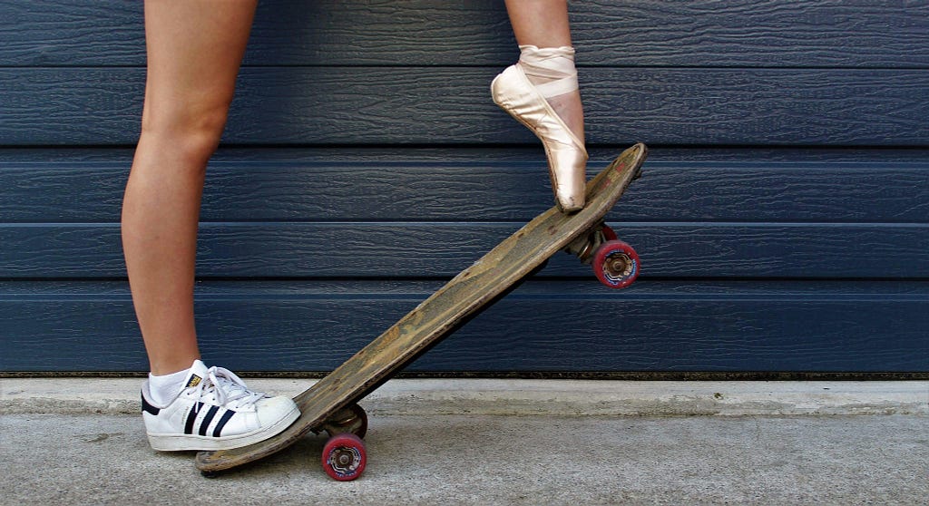 A skateboarder wearing one skate shoe and one ballet shoe, showcasing balance and grace applied to distinct purposes, highlighting their unique value in different contexts without the need for direct comparison.