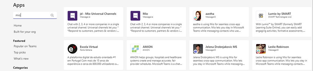 Mio’s Microsoft Teams integration in the app store