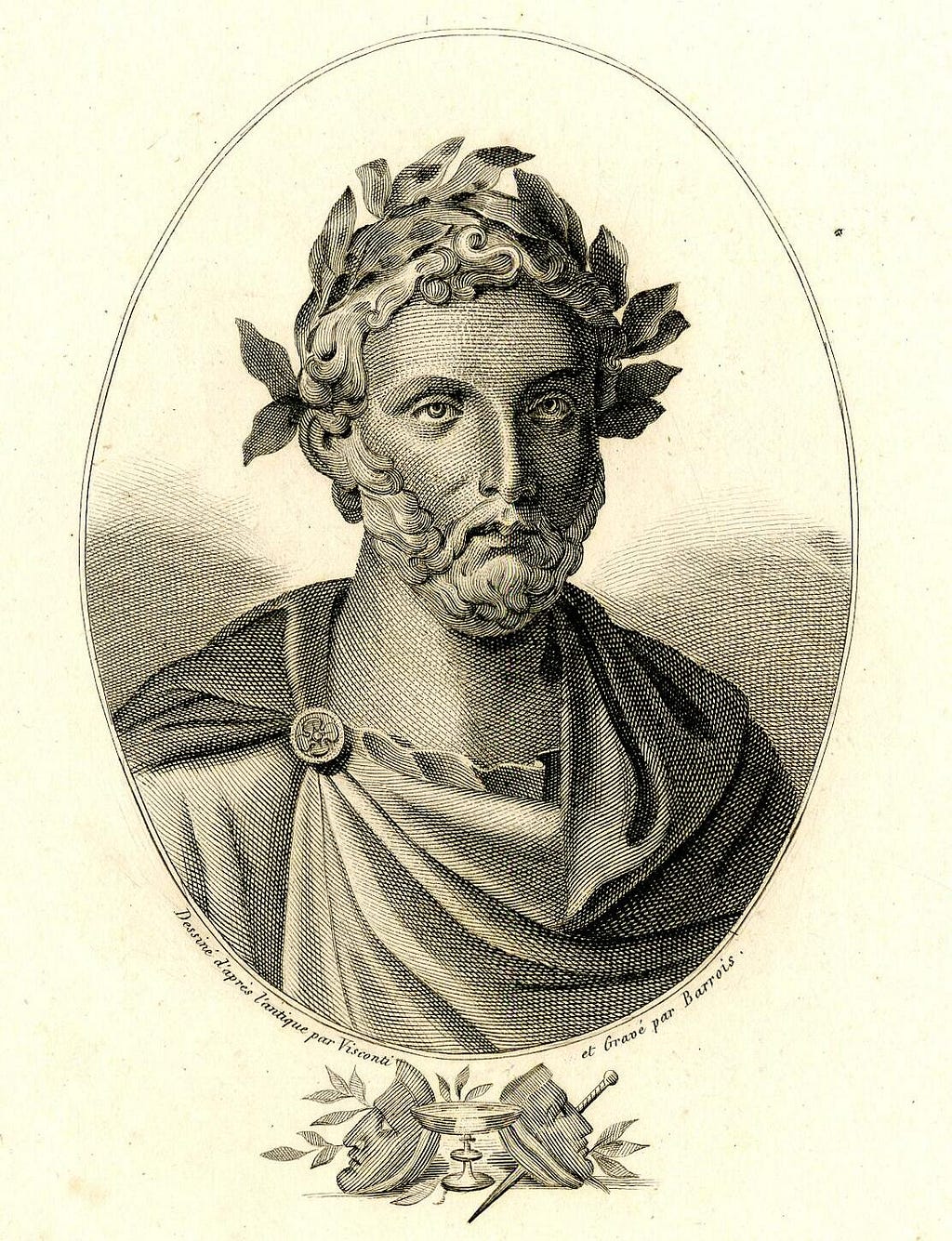 An engraving portrait of an ancient roman in a toga with a laurel crown.