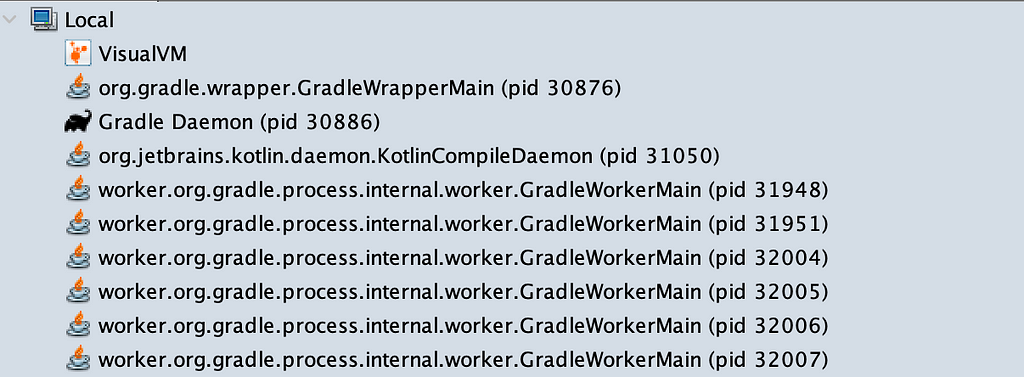 Screenshot of VisualVm. List of multiple ongoing processes named as: GradleWrapperMain, Gradle Daemon, KotlinCompileDaemon and 6 different instances of GradleWorkerMain.