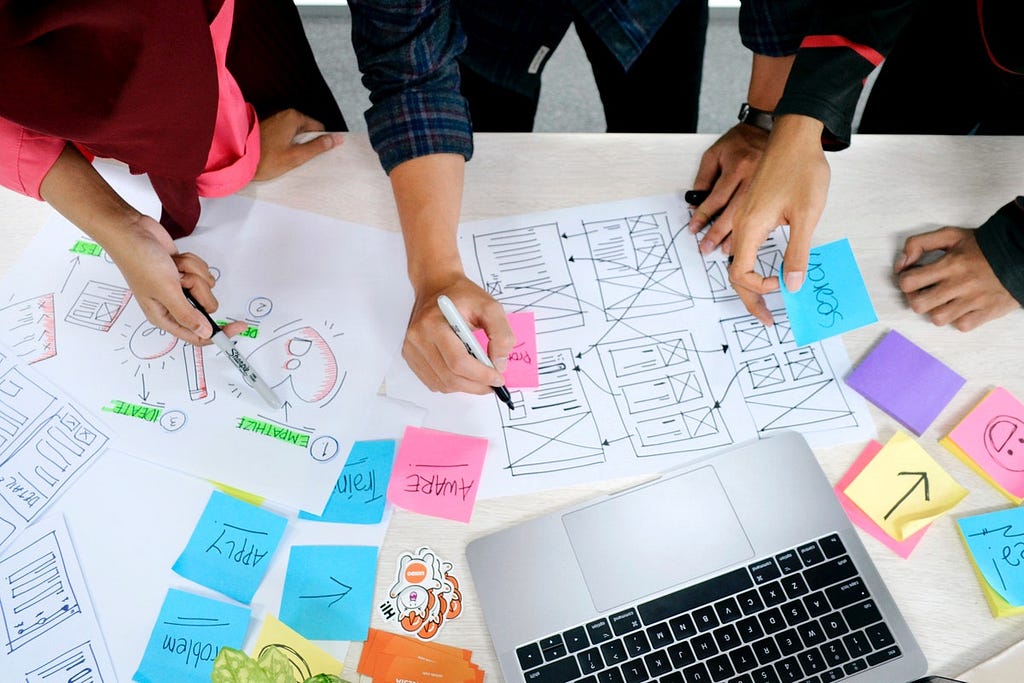 Three people working on user flows with sticky notes