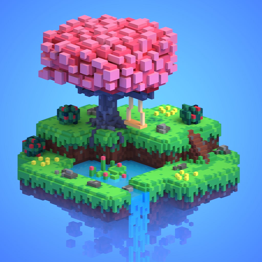 An artist’s rendition of a floating, blocky island with a cherry blossom tree resembling something from the game Minecraft