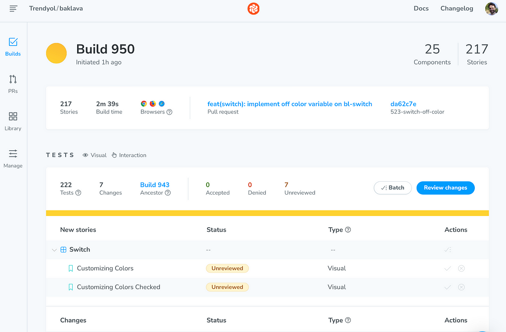 A screen from Chromatic that we use for automated UI tests. Screen show the result of a build that highlights some visual changes that need to be reviewed.