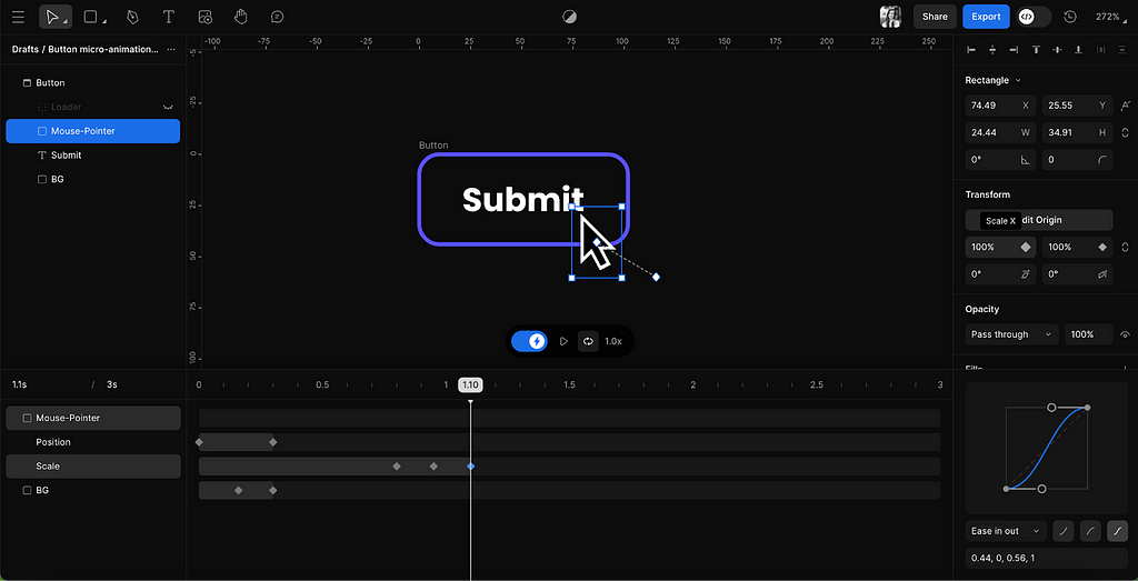 Phase’s interface showing the mouse-pointer’s scale being decreased and increased to animate a click