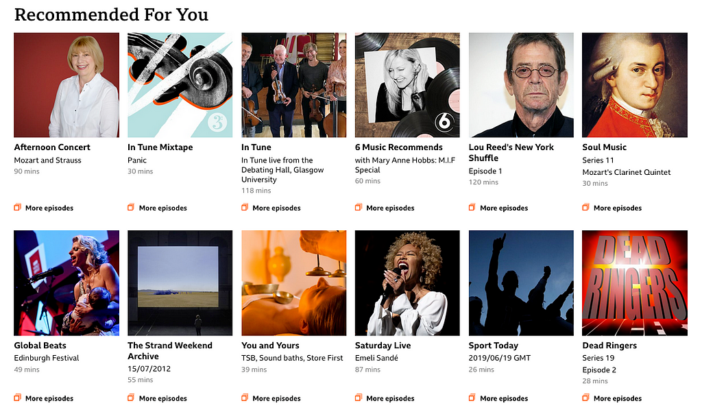 Screenshot of the recommendations on the Sounds website