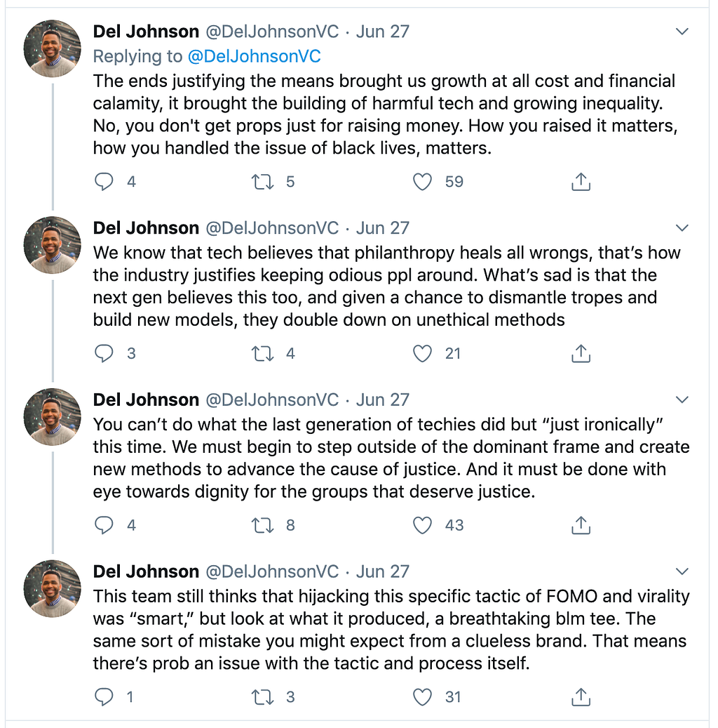 Del Johnson’s Tweets critiquing 👁👄👁’s use of virality and FOMO to raise awareness for BLM