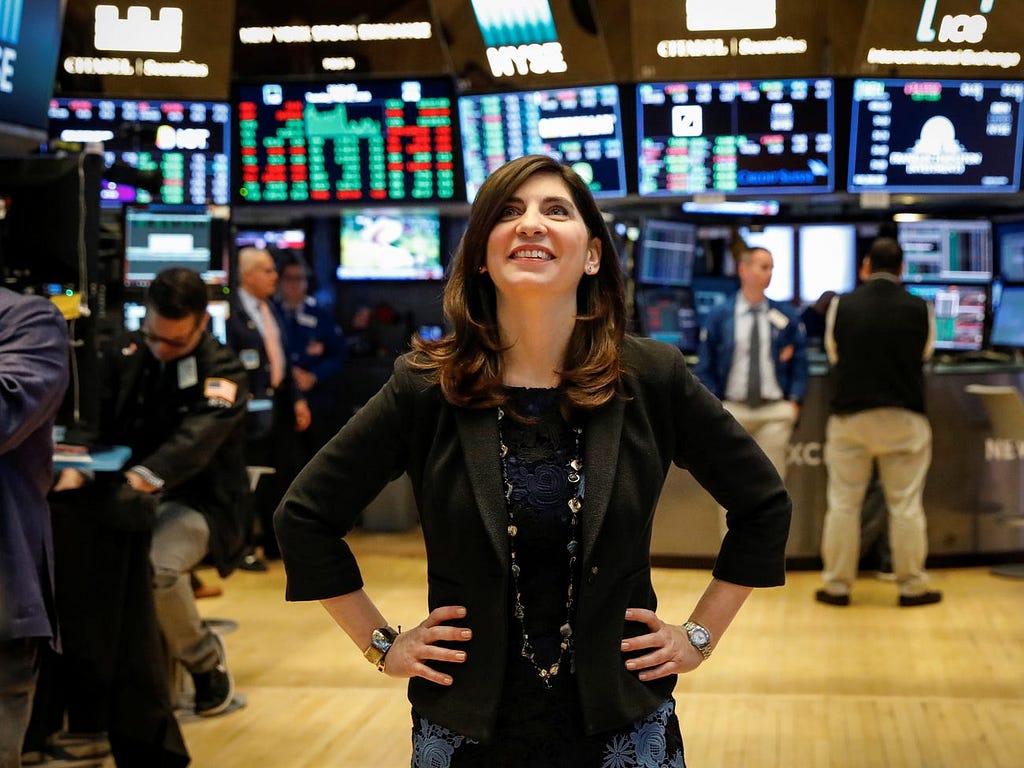 Stacey Cunningham on the floor of the NYSE.