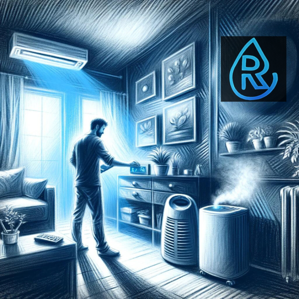 Charcoal-style illustration in shades of blue, depicting a homeowner actively managing indoor humidity levels to prevent mold growth and ensure a healthy living environment. The scene highlights the use of a dehumidifier and a hygrometer, tools essential in monitoring and controlling moisture within the home, thereby mitigating the risk of mold infestation and facilitating effective humidity remediation strategies. The visual emphasizes the importance of maintaining optimal indoor air quality to