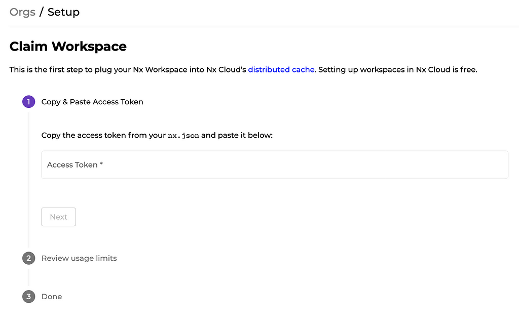 Claim Workspace page on Nx Cloud prompting for access token