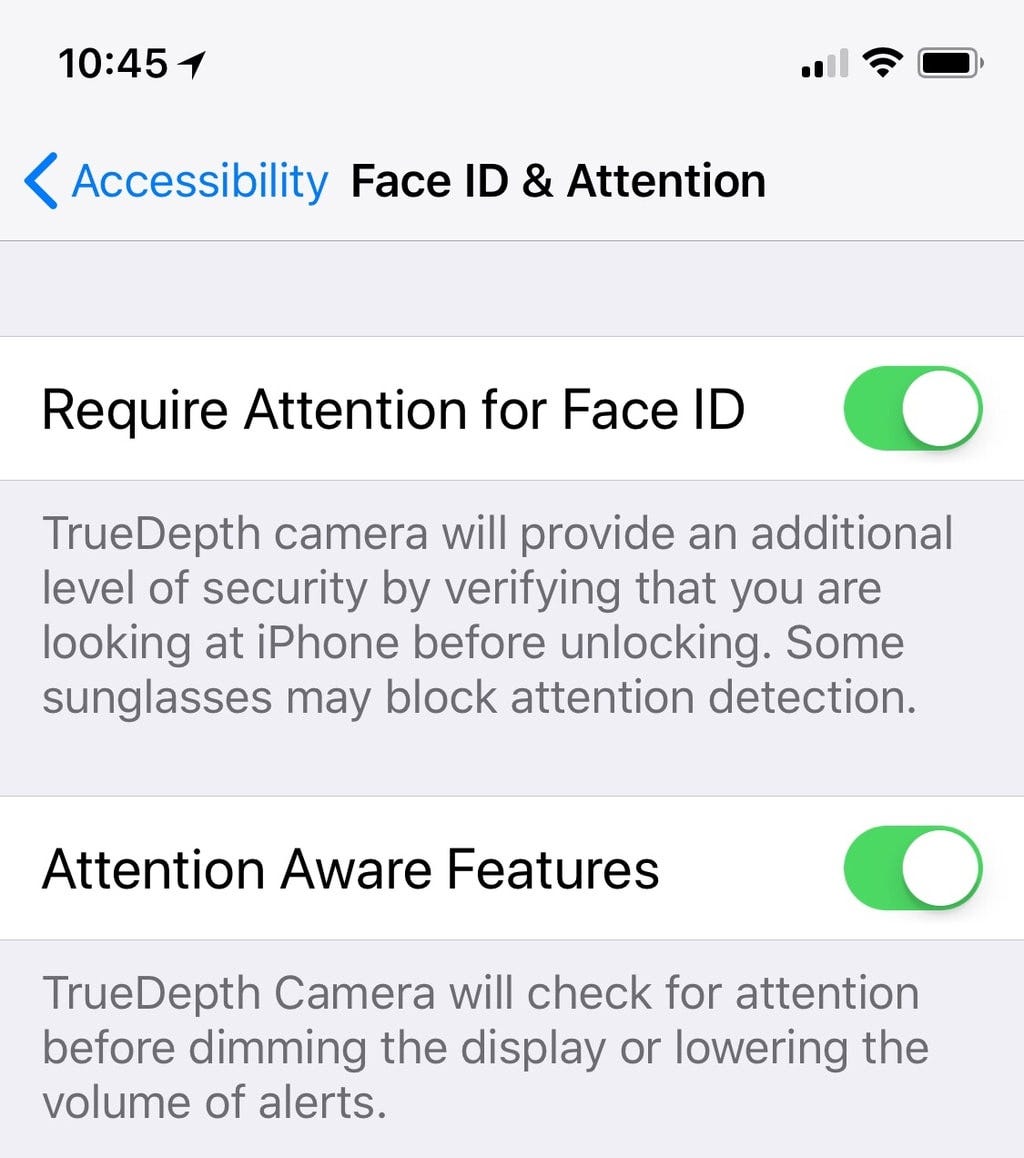 FaceID and Attention settings for the iPhone X