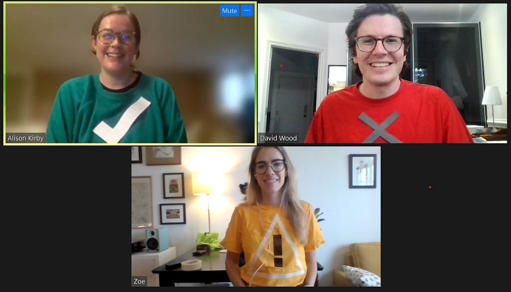 A screengrab of three policy members who wore Verify Ontario inspired costumes (a green check pair, a red x and a yellow exclamation mark to indicate there is a problem).