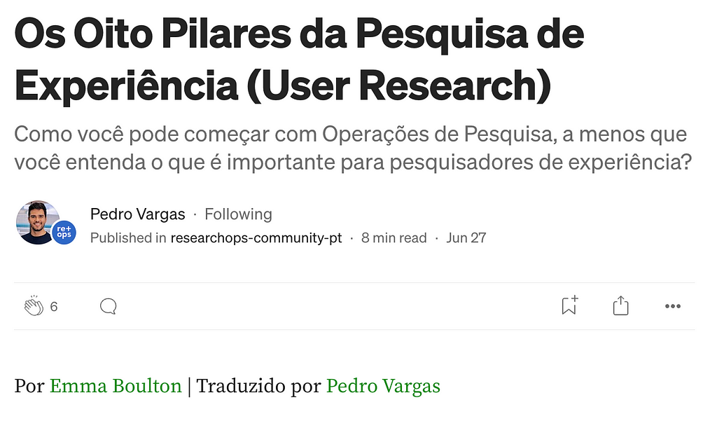 Screenshot of “Os Oito Pilares da Pesquisa de Experiência (User Research)”, the Portuguese translation of the 8 pillars of user research