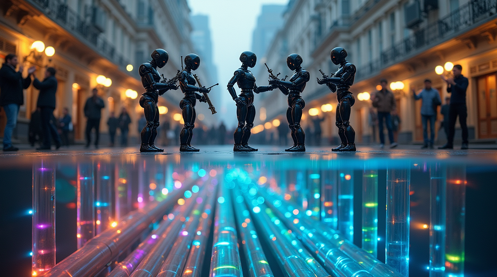 AI agents performing in the city while their digital reflection reveals the complex technology beneath — a visual metaphor for Maeda’s insight that elegant simplicity in user experience relies on sophisticated complexity working invisibly below the surface.
