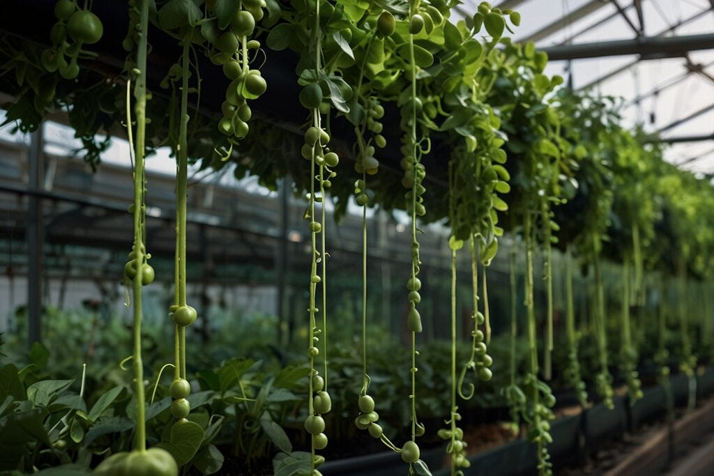 Hanging green plants in a greenhouse, with rows of pots growing peas below, bathed in natural light.
