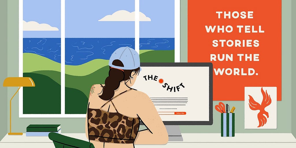 Illustration of Nika Talbot sitting at a desk with The Shift newsletter on a screen, facing the sea and grass. A print on the wall says ‘Those who tell the stories run the world.”