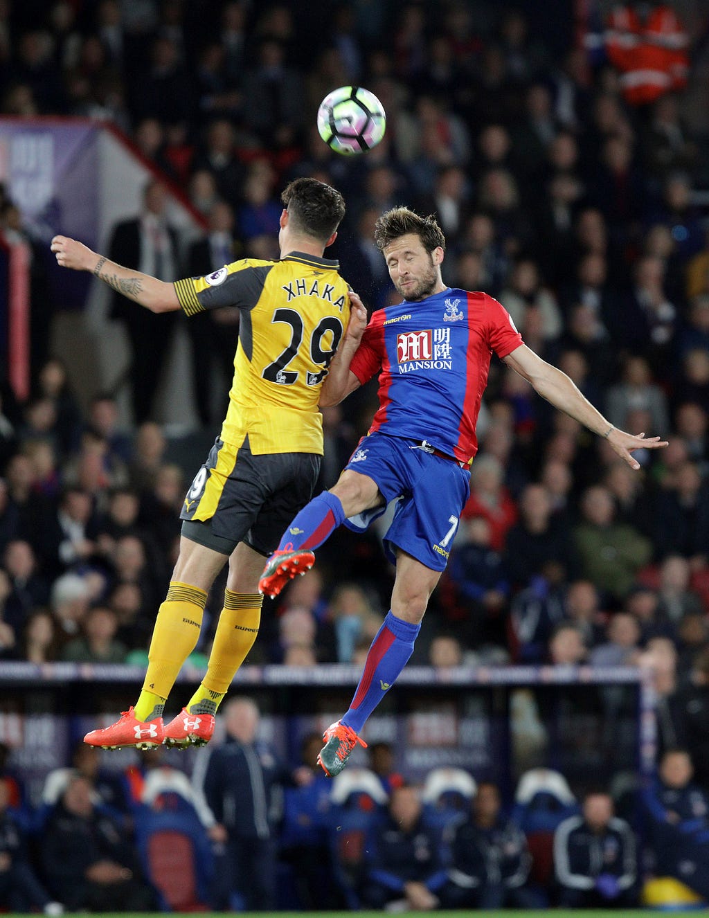 CP v Arsenal 10/4/17 Yohan Cabaye in an aerial duel with Arsenal's Granit Xhaka Photo: ©Neil Everitt 07970 789228