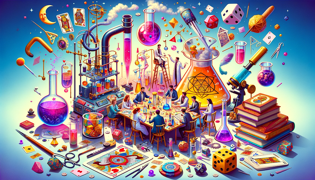 Generated image base on the partical prompt: incorporating elements of randomness such as dice and tarot cards, visually represents the “collabracadabra” concept. It combines teamwork, science, and fun with a hint of unpredictability, creating a dynamic and engaging scene.