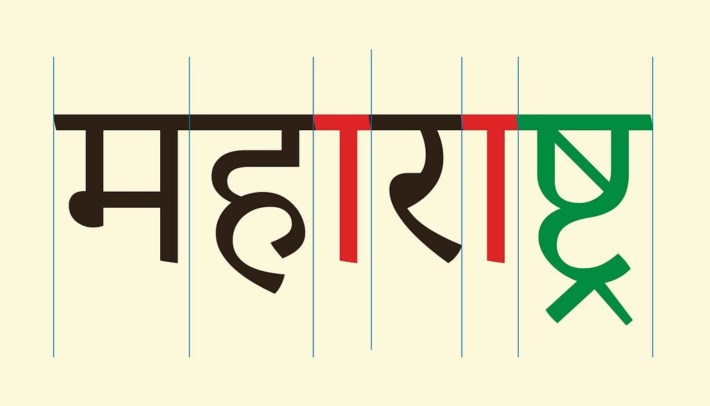 Letters in the Devanagari writing system writing the word ‘Maharashtra’. Different colours illustrate the different parts of the letters. In Devanagari, letters are hanging from a joining top line.