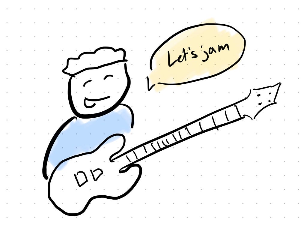Drawing of man holding a bass saying “Let’s jam!”