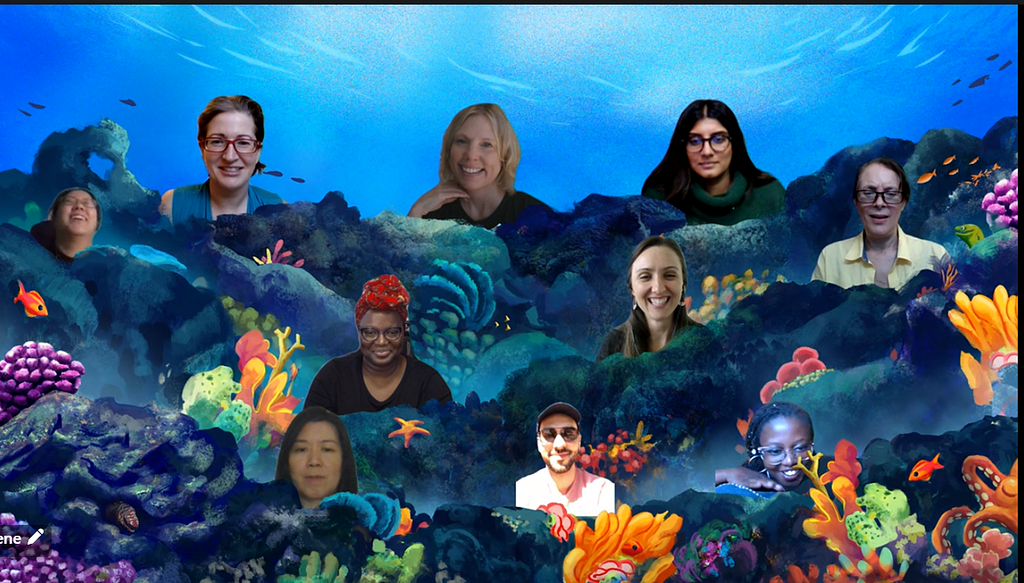 Members of the content chapter in an under the sea back-drop setting on Microsoft Teams.