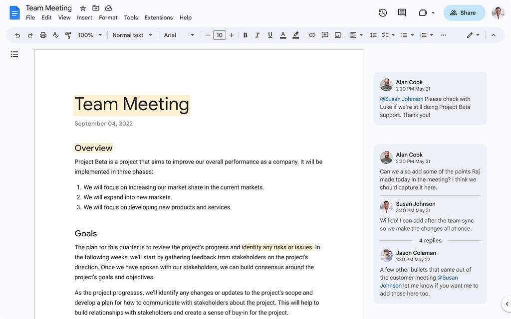 Document apps such as Microsoft Word and Google Docs offer extensive formatting tools and commenting features, which are more convenient to use on a desktop, especially for detailed, back-and-forth writing tasks. Mobile apps are better suited for making small edits needed for urgent requests. (Image source: Google)