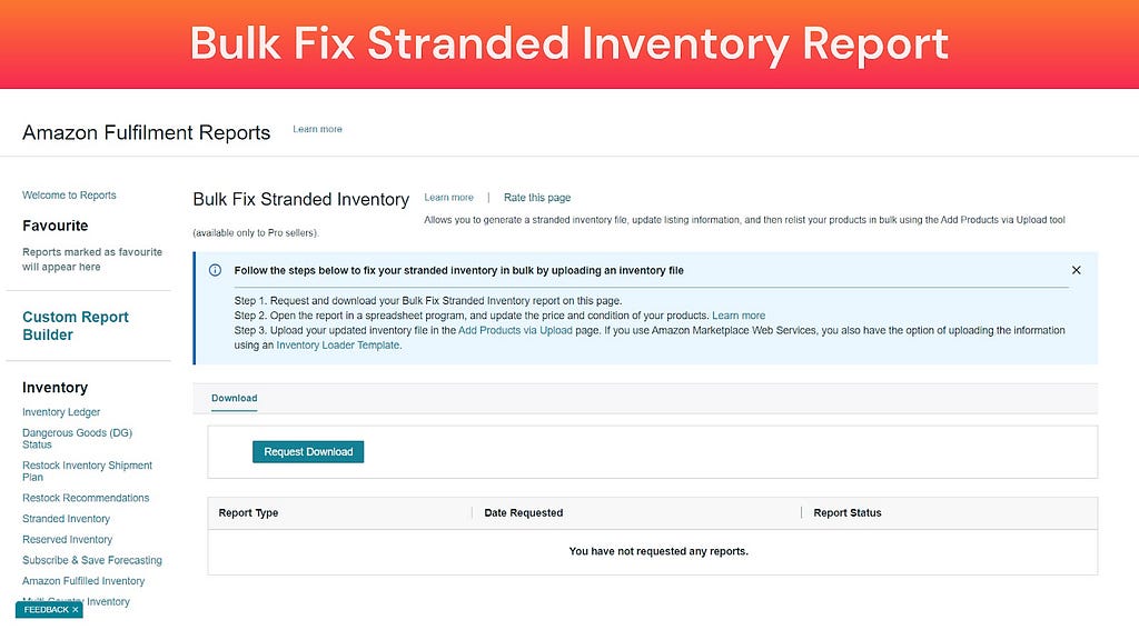 Screenshot of Bulk Fix Stranded Inventory Report (Amazon Fulfillment Reports)