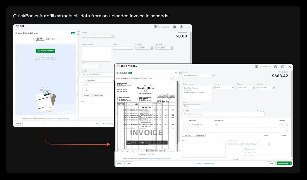 QuickBooks bill entry showing an “Autofill from file” panel on the left accepting PDF/PNG/JPEG, and a pre-populated bill form on the right with vendor, address, bill number, dates, and line items extracted from an uploaded invoice.