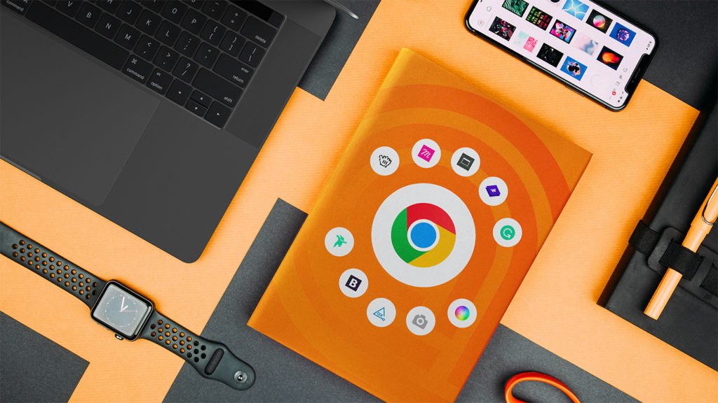 Top Chrome extensions for UX designers blog hero. A top-view photo of an orange table, with design gadgets and a book with the extensions logos in its cover.