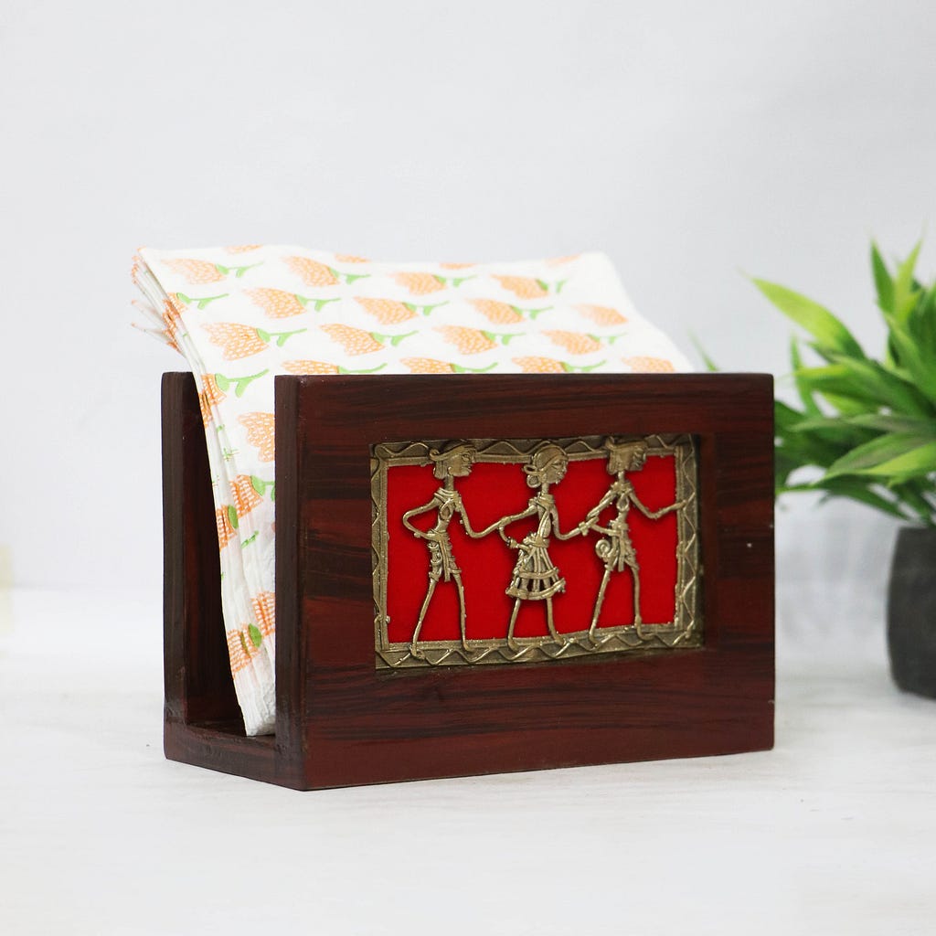 Dhokra Wooden Brass Book & Napkin Holder