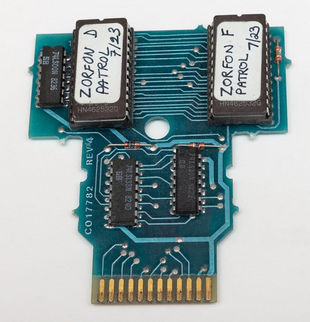 A photograph of the Zorfon Patrol PCB taken from the prototype cartridge.