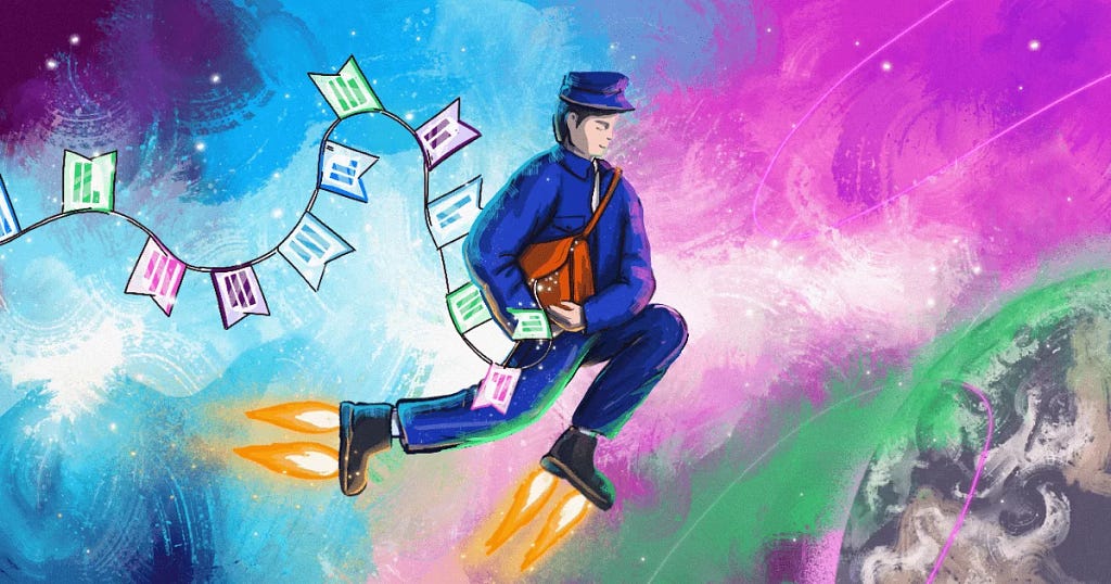 A space postman carrying the mail