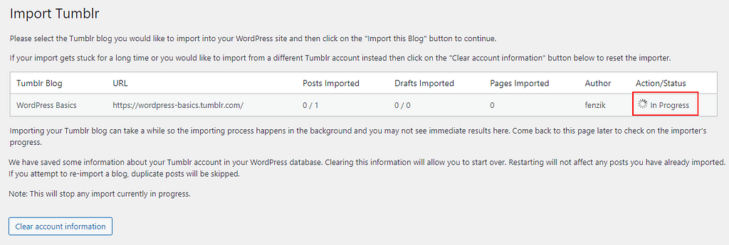 Tumblr blog import status in progress