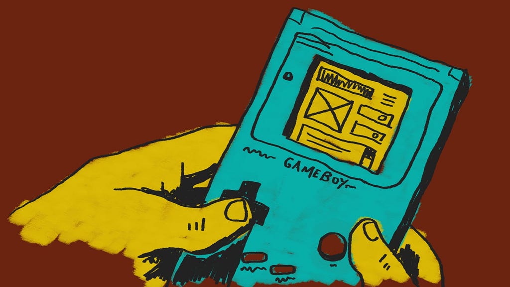 An illustration of a Nintendo Game Boy displaying a UX mockup on the screen