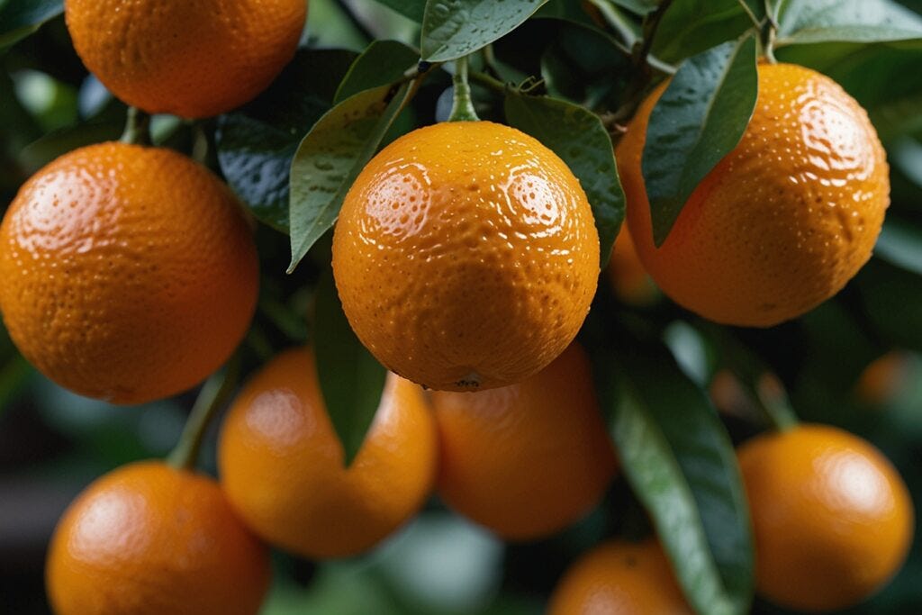 Close-up of hydroponic oranges hanging on a tree with green leaves in sharp focus.