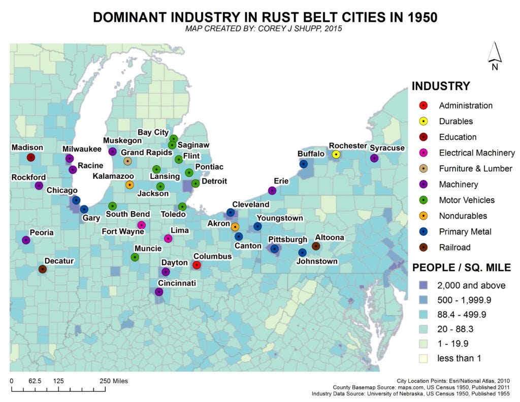 March 2016, Dominant Industries In Rust Belt Cities In 1950.