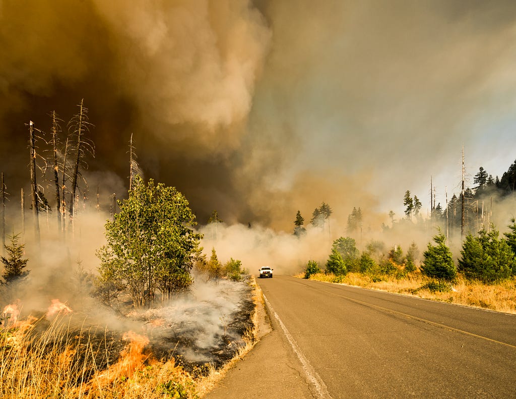 A vehicle on a road driving away from a very smoky wildfire in the background.